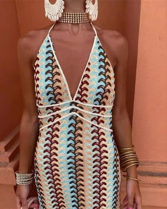 Vestido Largo Halter Estampado Geométrico Mujer Escote Profundo