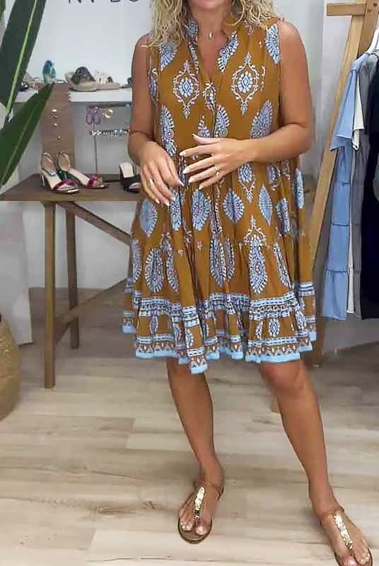 Vestido Midi Boho Estampado Tribal Mujer Sin Mangas