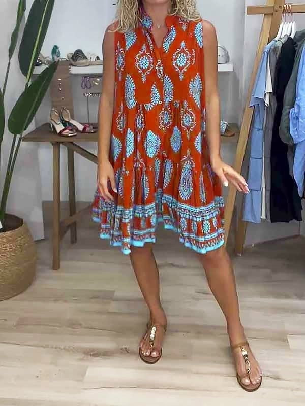 Vestido Midi Boho Estampado Tribal Mujer Sin Mangas