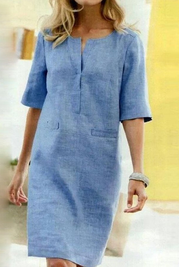 Vestido Midi Casual de Manga Tres Cuartos Mujer Bolsillos