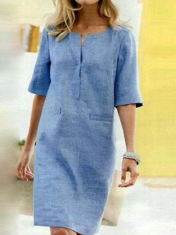 Vestido Midi Casual de Manga Tres Cuartos Mujer Bolsillos