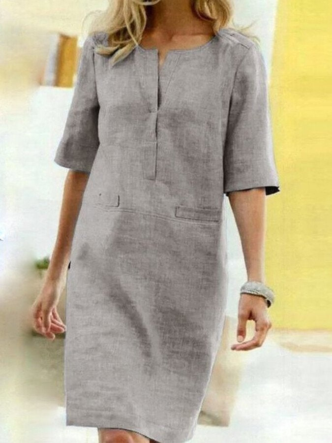 Vestido Midi Casual de Manga Tres Cuartos Mujer Bolsillos