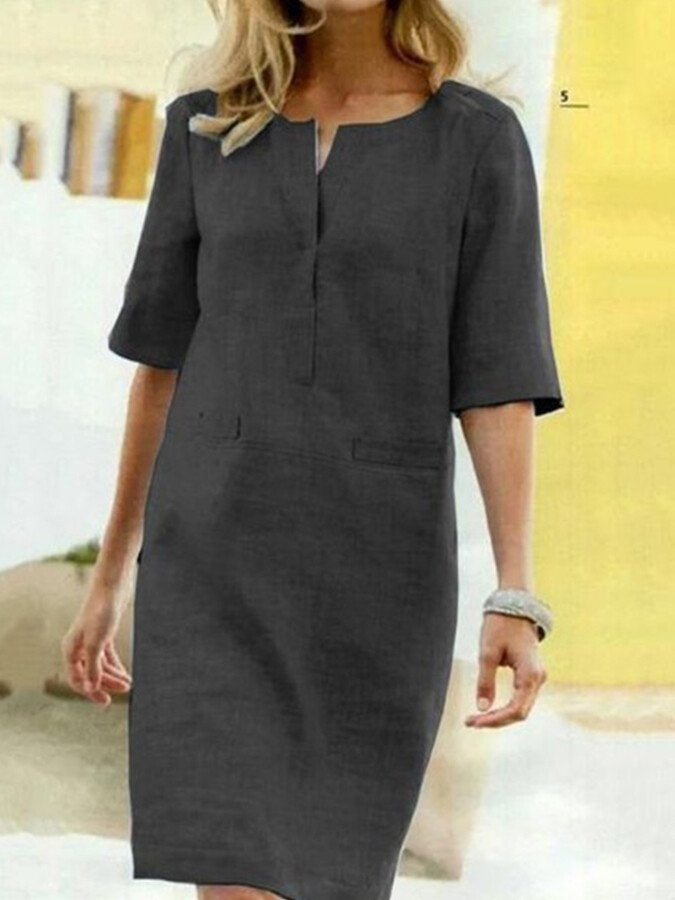 Vestido Midi Casual de Manga Tres Cuartos Mujer Bolsillos
