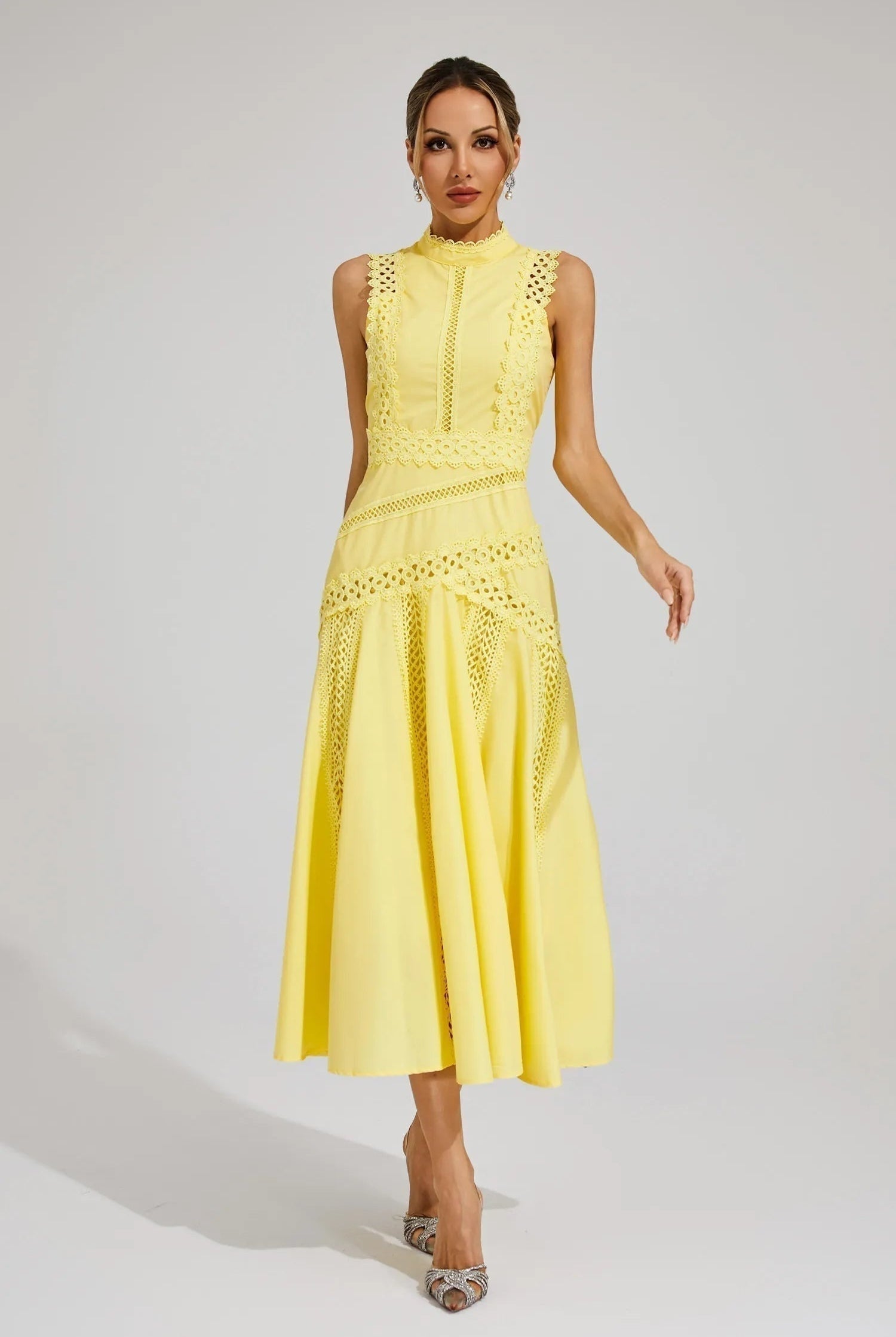 Vestido Midi de Encaje Mujer Cuello Alto Sin Mangas