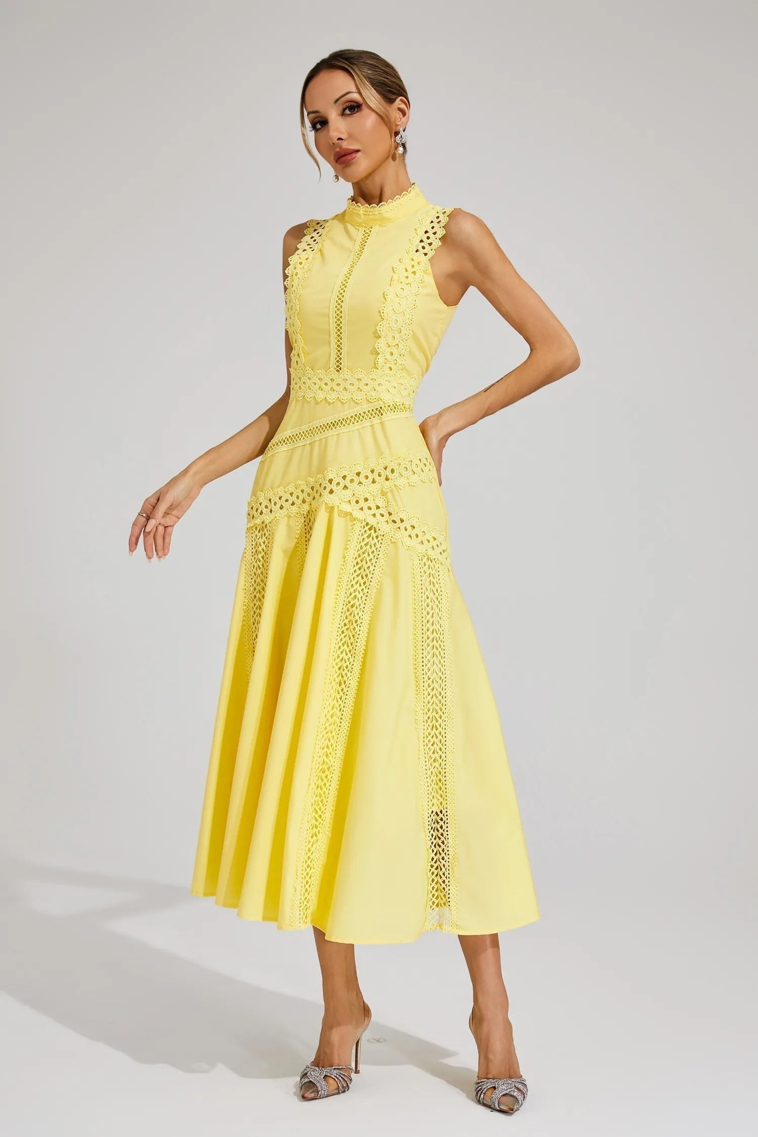 Vestido Midi de Encaje Mujer Cuello Alto Sin Mangas