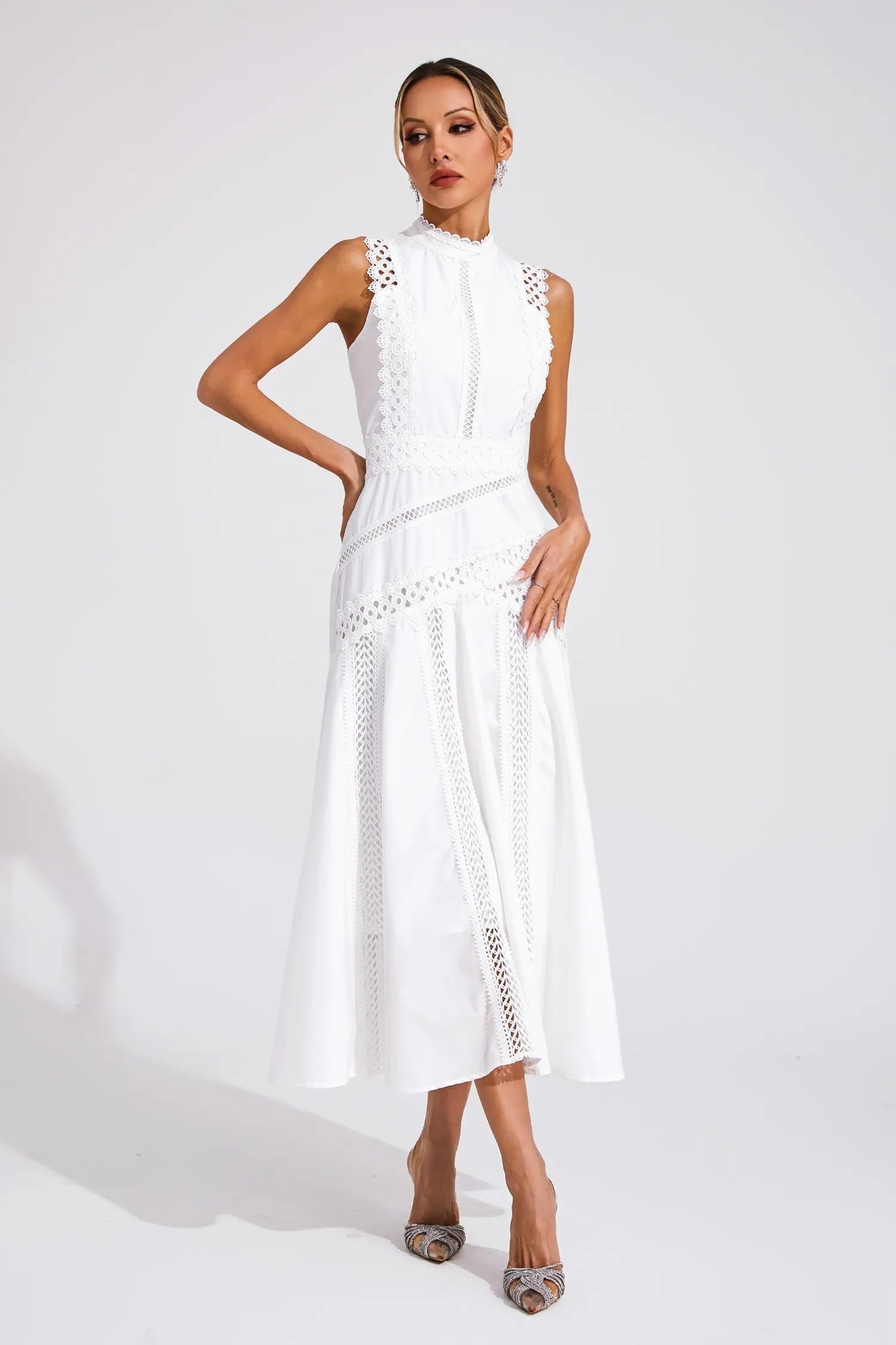 Vestido Midi de Encaje Mujer Cuello Alto Sin Mangas