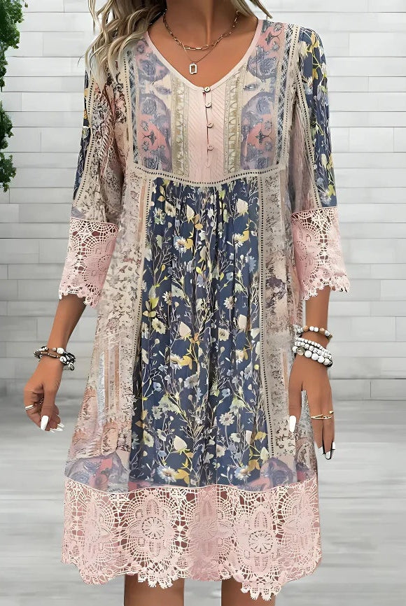 Vestido Midi de Invitada de Boda Estampado Boho Mujer Encaje