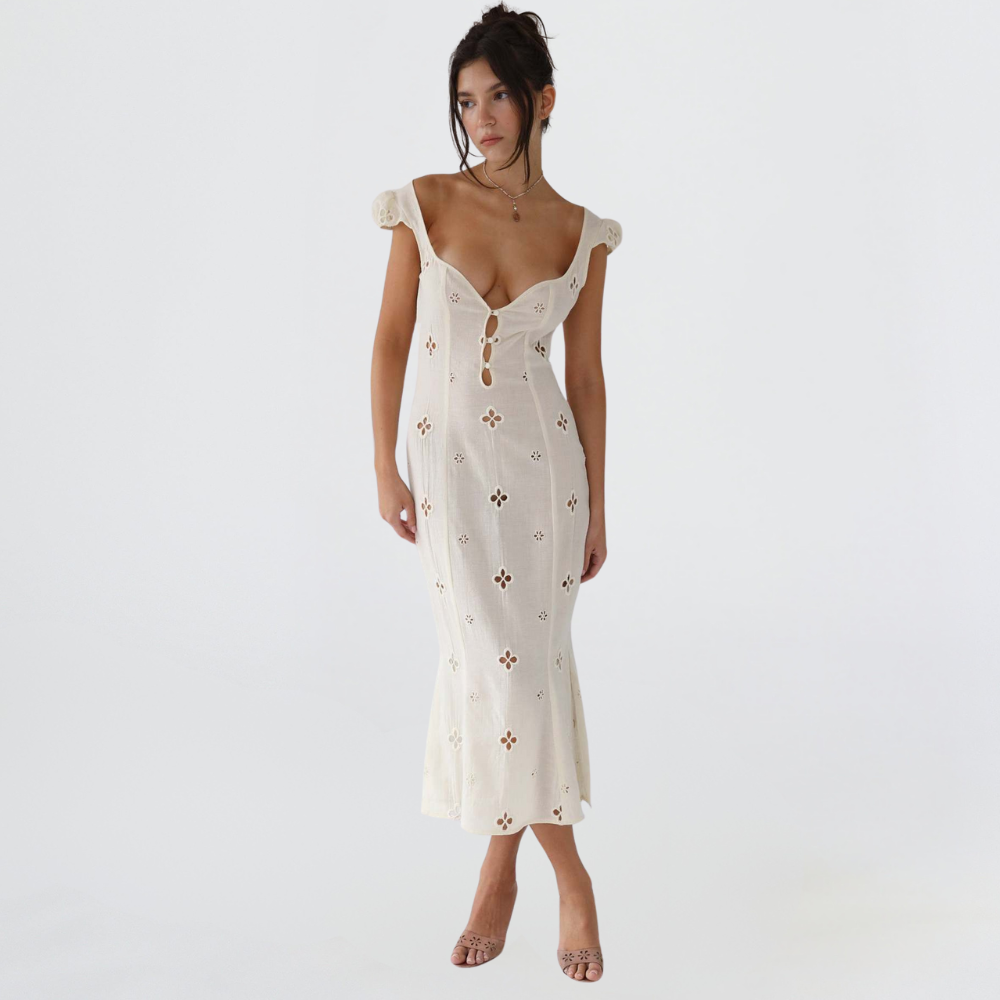 Vestido Midi de Invitada de Boda Mujer Bordado Calado