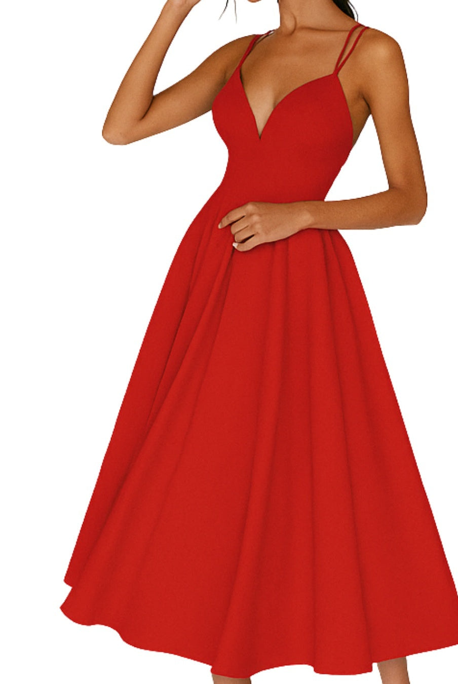 Vestido Midi de Invitada de Boda Mujer Escote V Tirantes