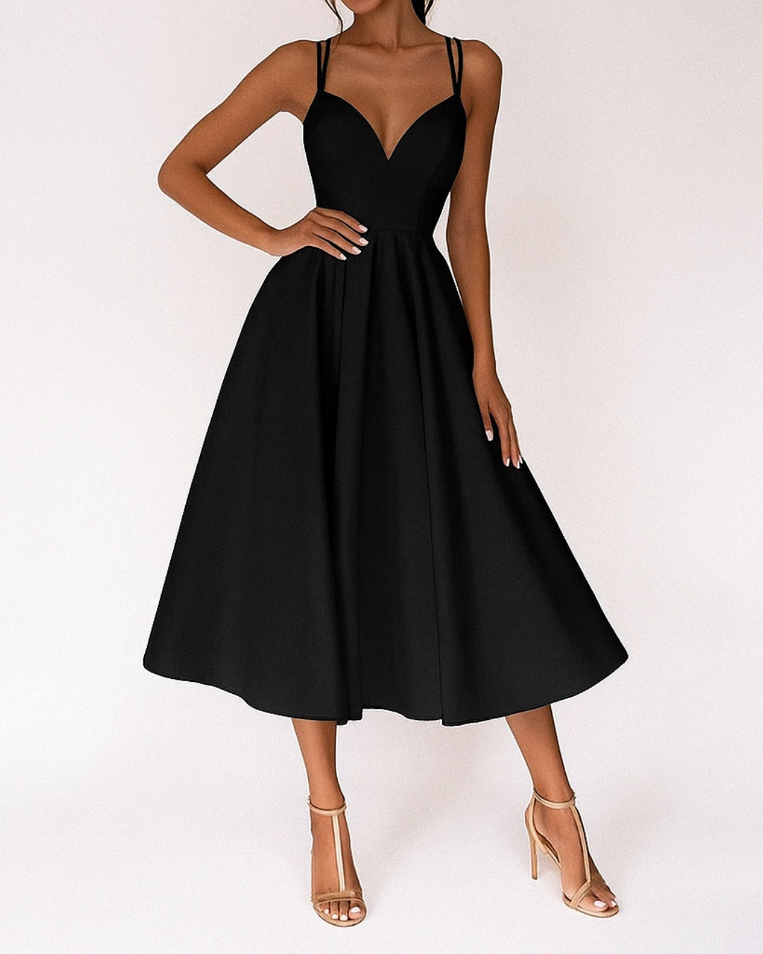 Vestido Midi de Invitada de Boda Mujer Escote V Tirantes
