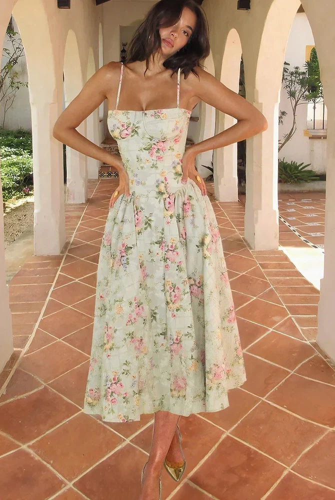 Vestido Midi de Invitada de Boda Mujer Estampado Floral Tirantes