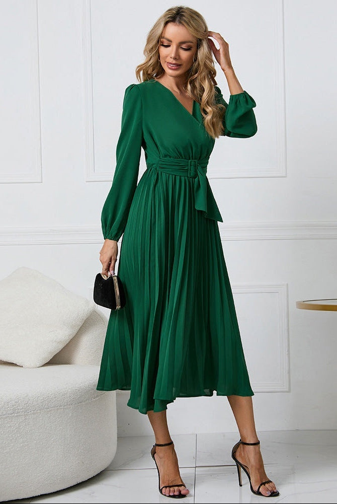 Vestido Midi de Invitada de Boda Mujer Manga Larga Plisado