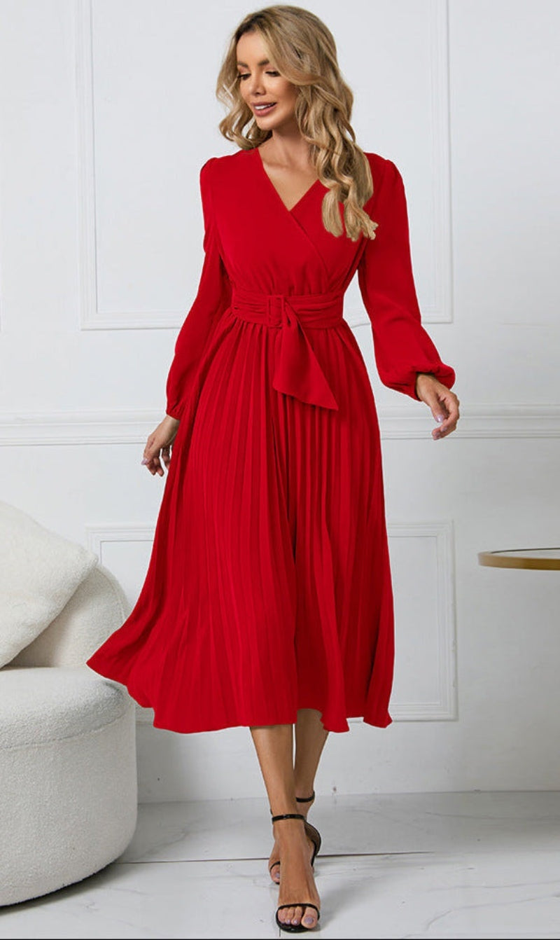 Vestido Midi de Invitada de Boda Mujer Manga Larga Plisado