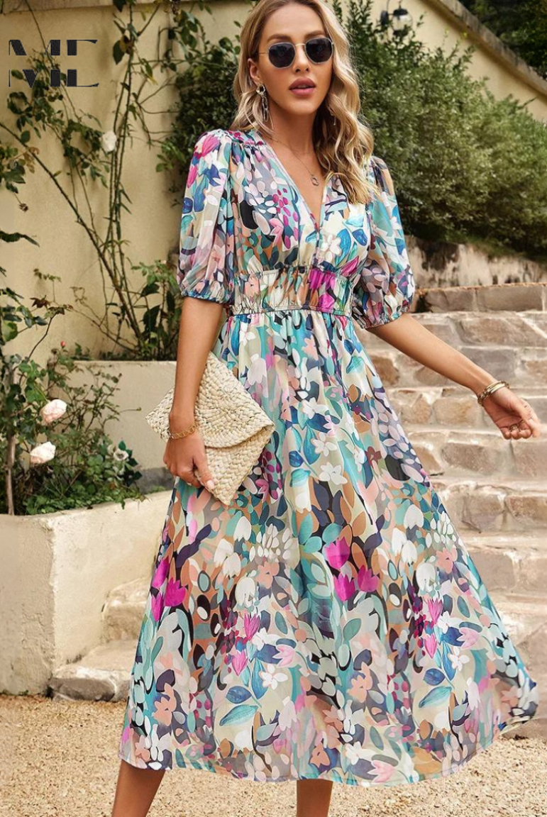 Vestido Midi de Invitada Estampado Floral Mujer Escote V