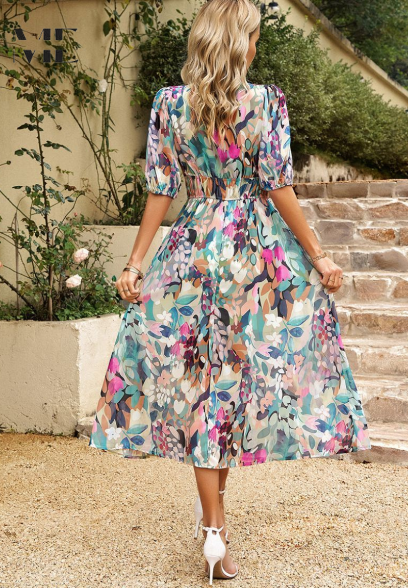 Vestido Midi de Invitada Estampado Floral Mujer Escote V