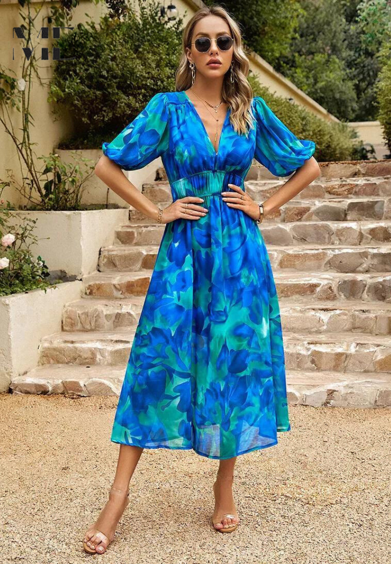 Vestido Midi de Invitada Estampado Floral Mujer Escote V