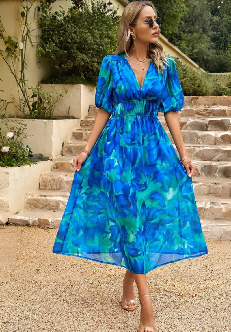 Vestido Midi de Invitada Estampado Floral Mujer Escote V