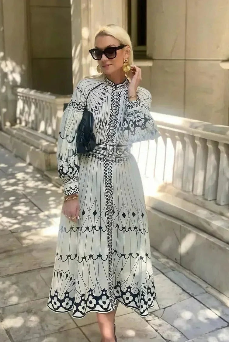 Vestido Midi de Invitada Estampado Geométrico Mujer Manga Larga
