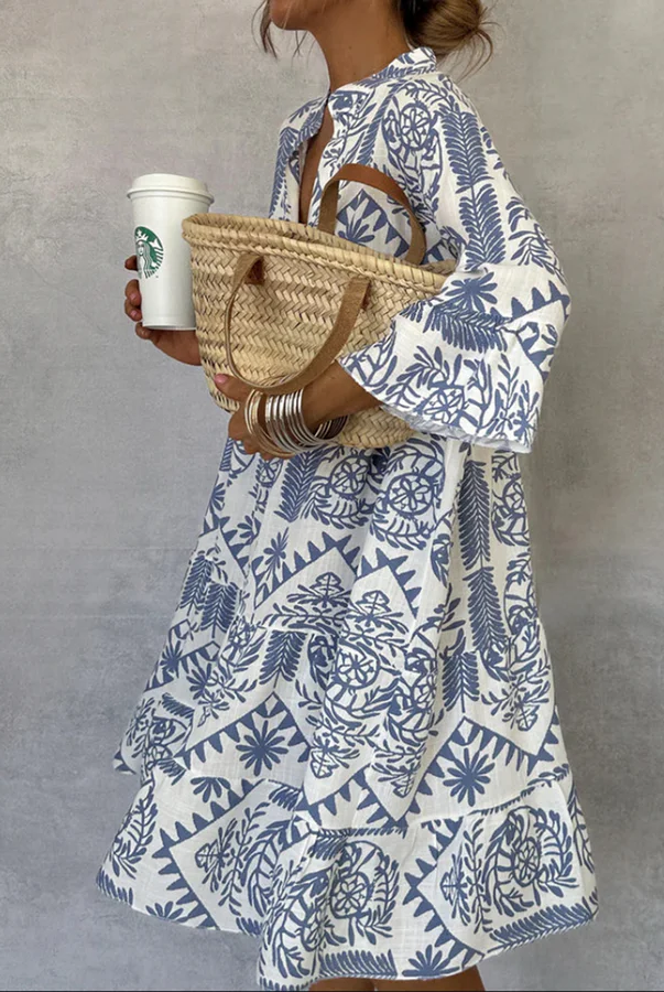 Vestido Midi de Invitada Estampado Geométrico Mujer Manga Larga