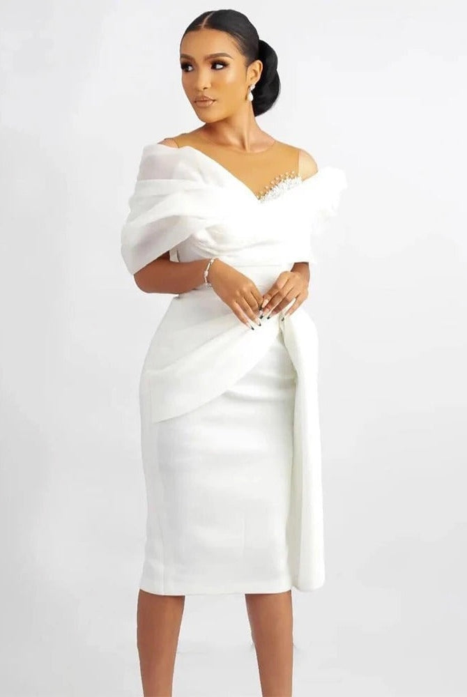Vestido Midi de Novia Civil Mujer Hombros Descubiertos