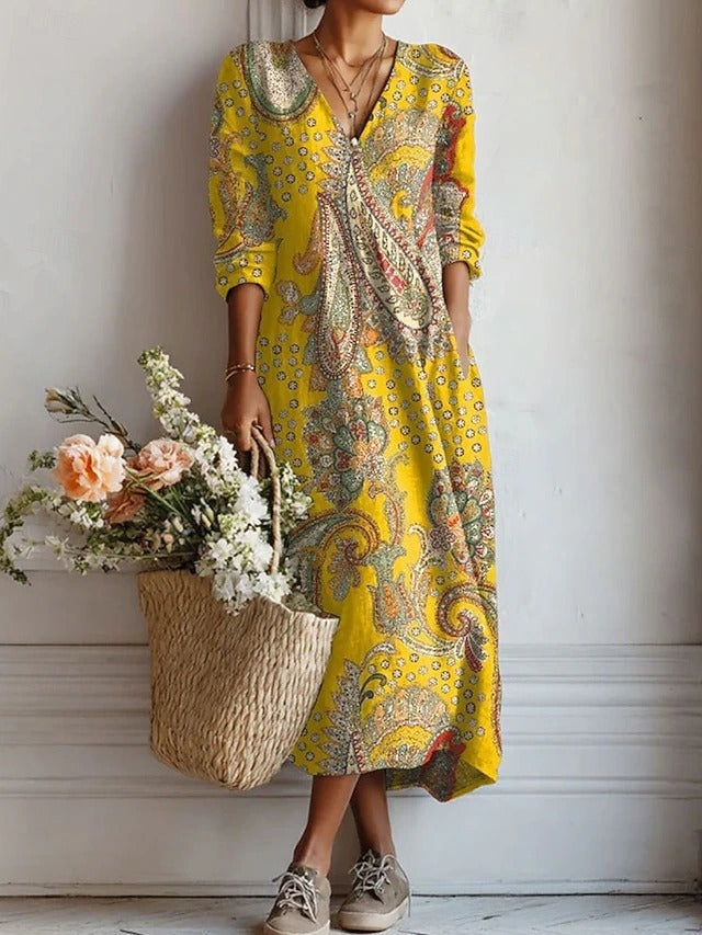 Vestido Midi de Punto Estampado Floral Mujer Escote V