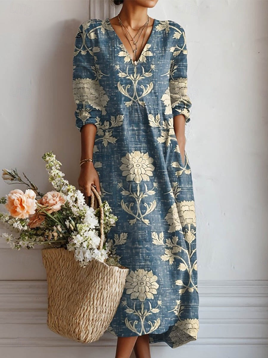 Vestido Midi de Punto Estampado Floral Mujer Escote V