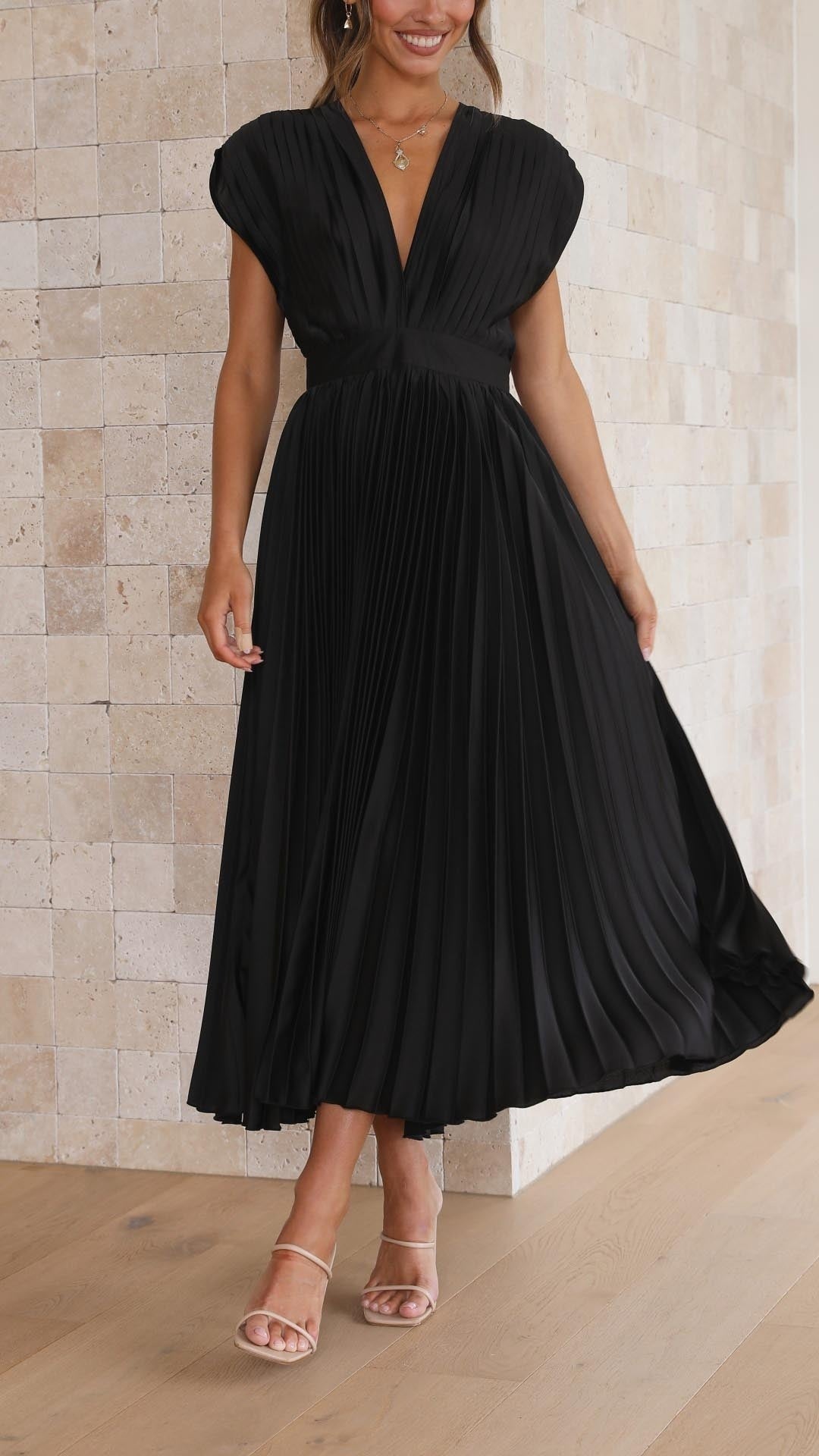 Vestido Midi Plisado Mujer Escote V Cinturón
