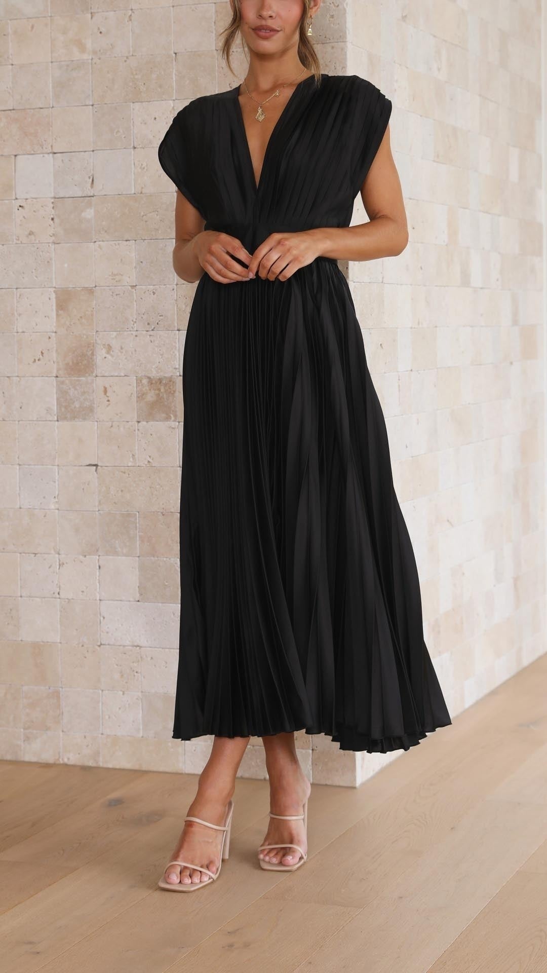Vestido Midi Plisado Mujer Escote V Cinturón