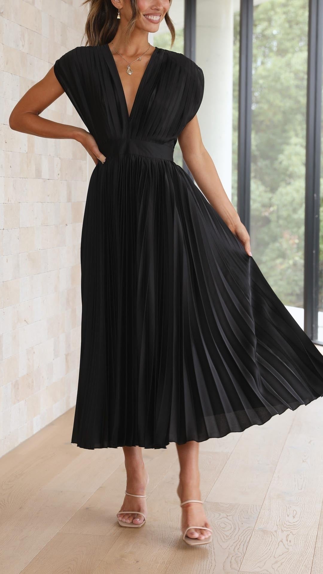 Vestido Midi Plisado Mujer Escote V Cinturón
