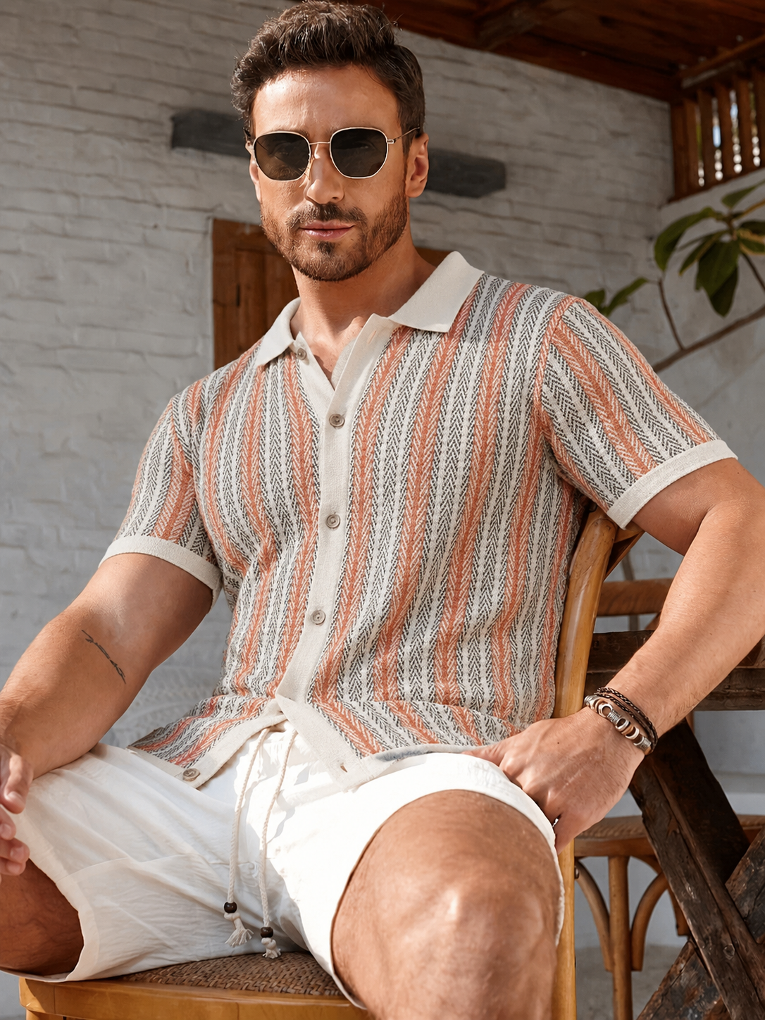 Camisa de Punto Estampada Rayas Hombre Cuello Polo