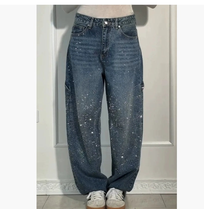 Abril | Pantalones Baggy Mujer Vaquero Brillantes Cintura Alta