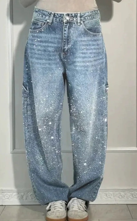 Abril | Pantalones Baggy Mujer Vaquero Brillantes Cintura Alta