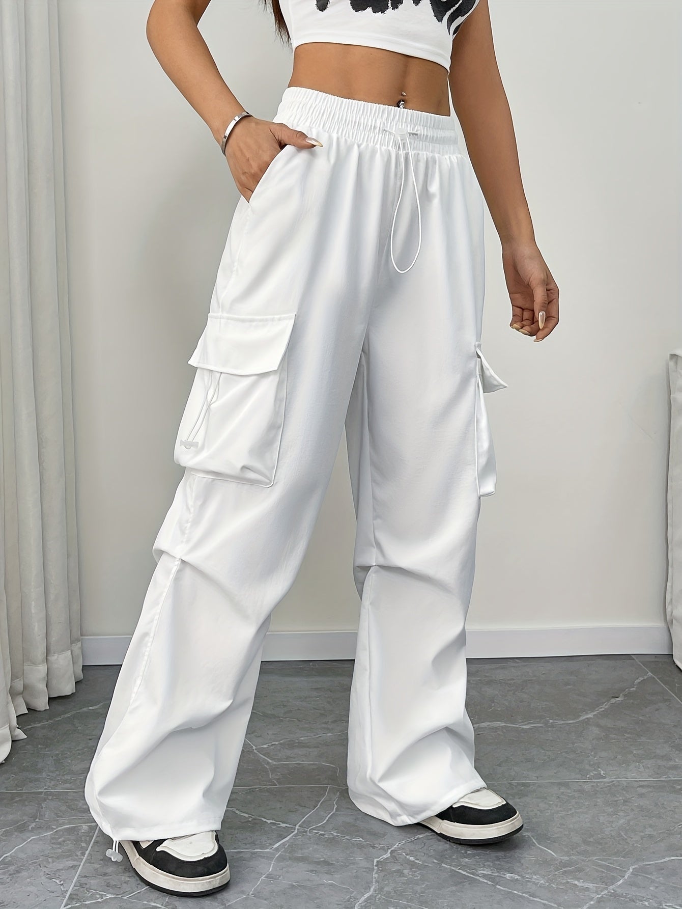 Abril | Pantalones Cargo Mujer Pierna Ancha Cintura Elástica Cordón