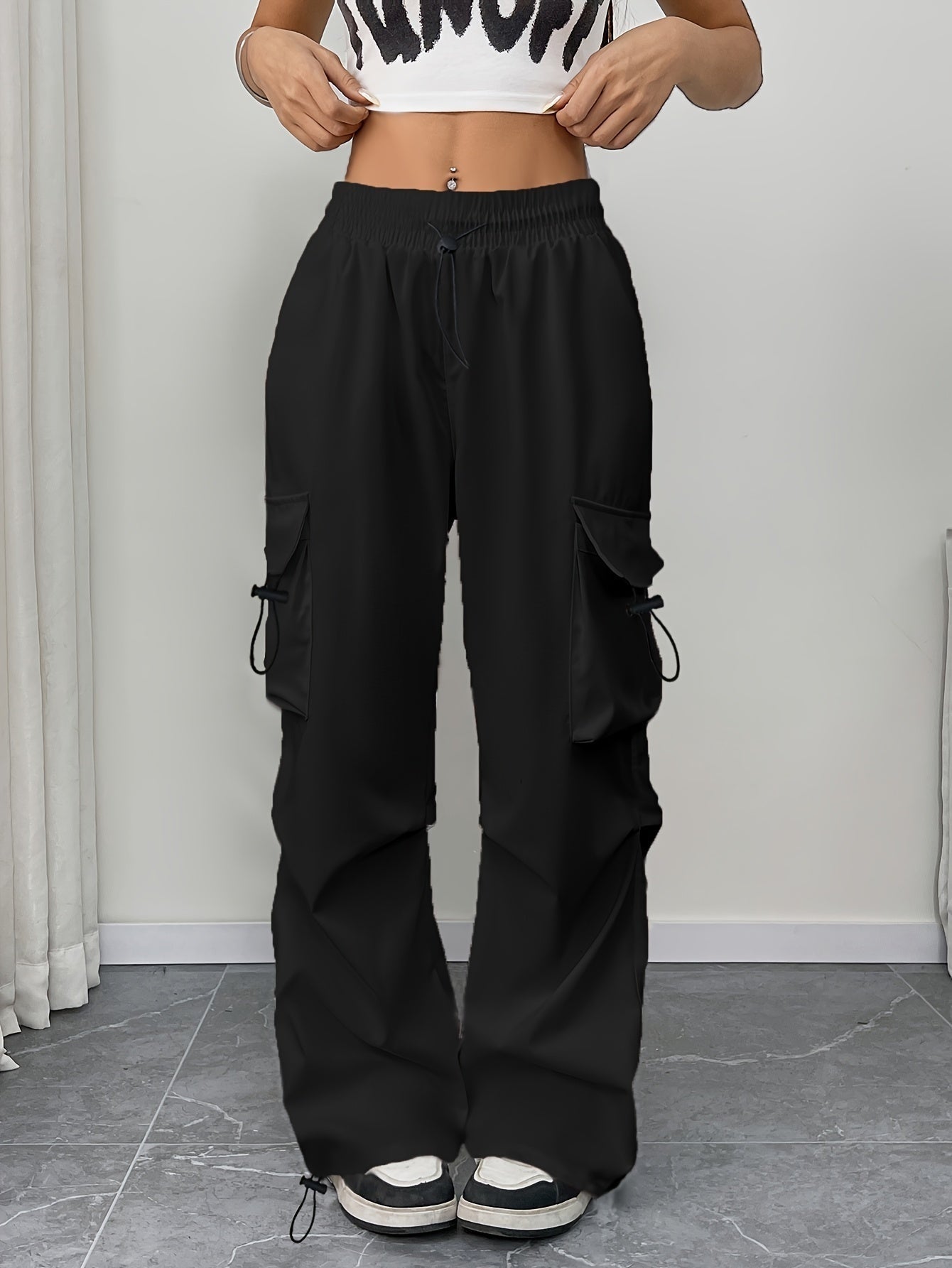 Abril | Pantalones Cargo Mujer Pierna Ancha Cintura Elástica Cordón