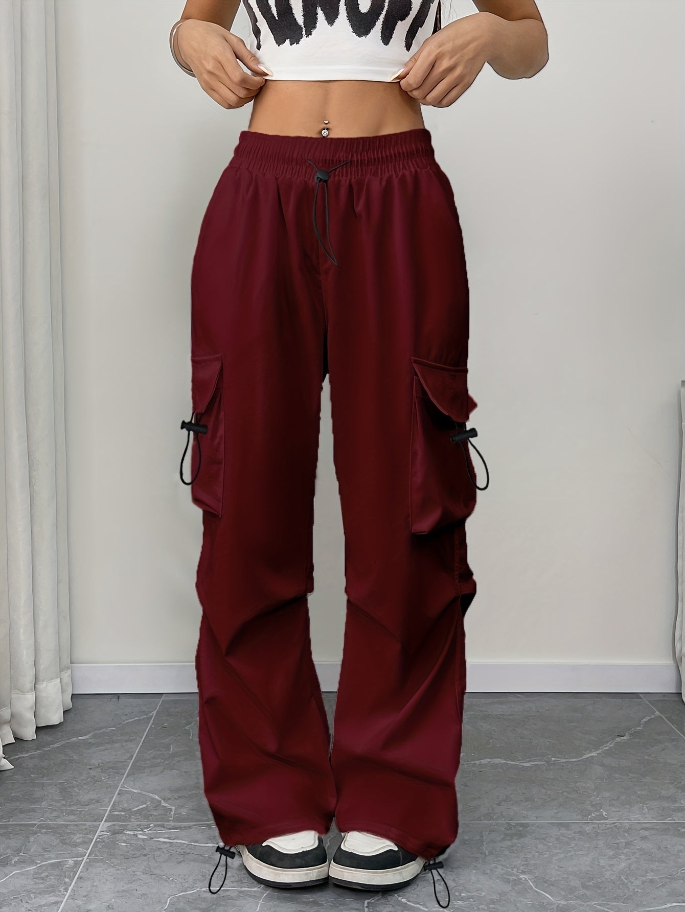 Abril | Pantalones Cargo Mujer Pierna Ancha Cintura Elástica Cordón