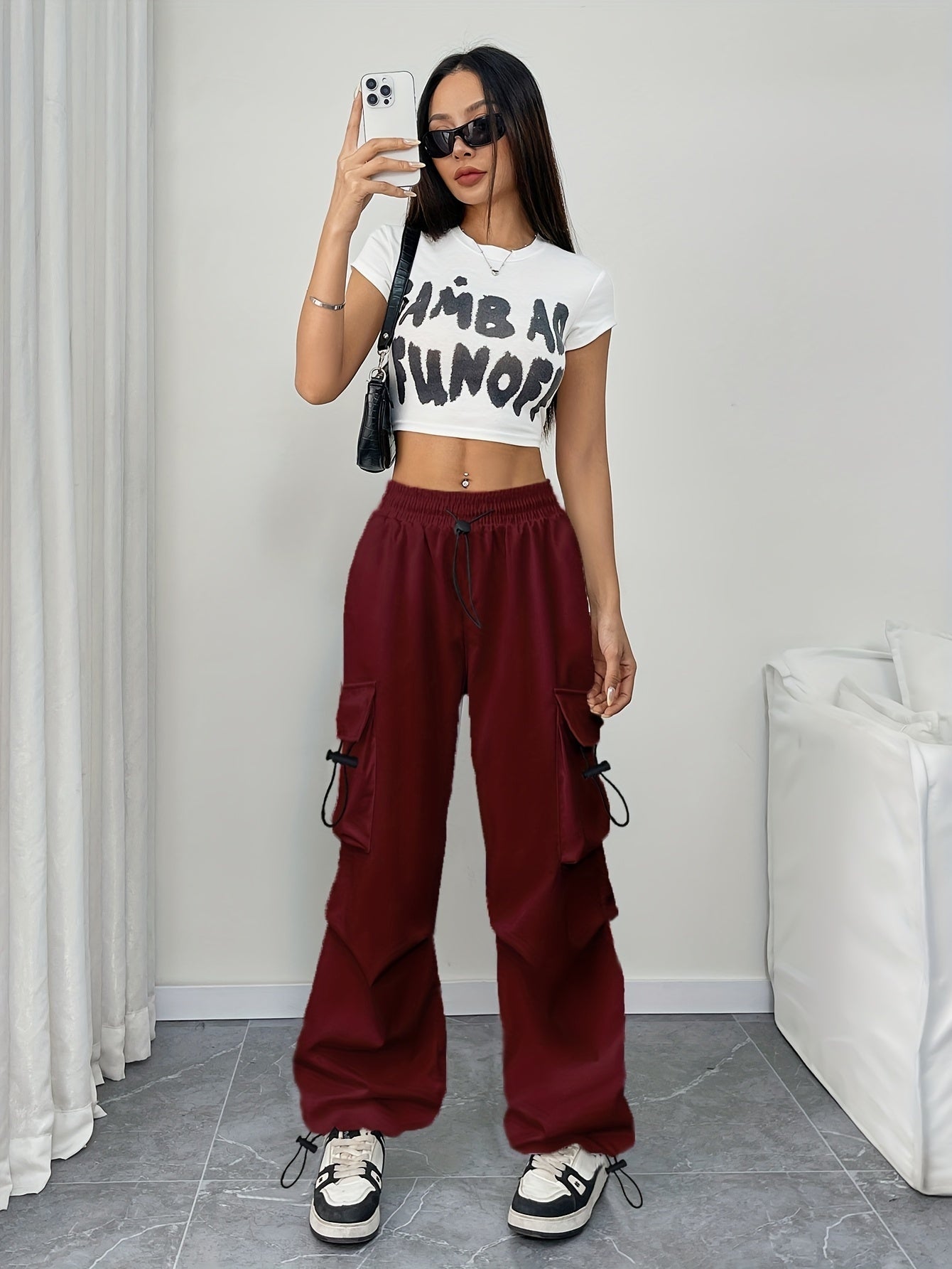 Abril | Pantalones Cargo Mujer Pierna Ancha Cintura Elástica Cordón