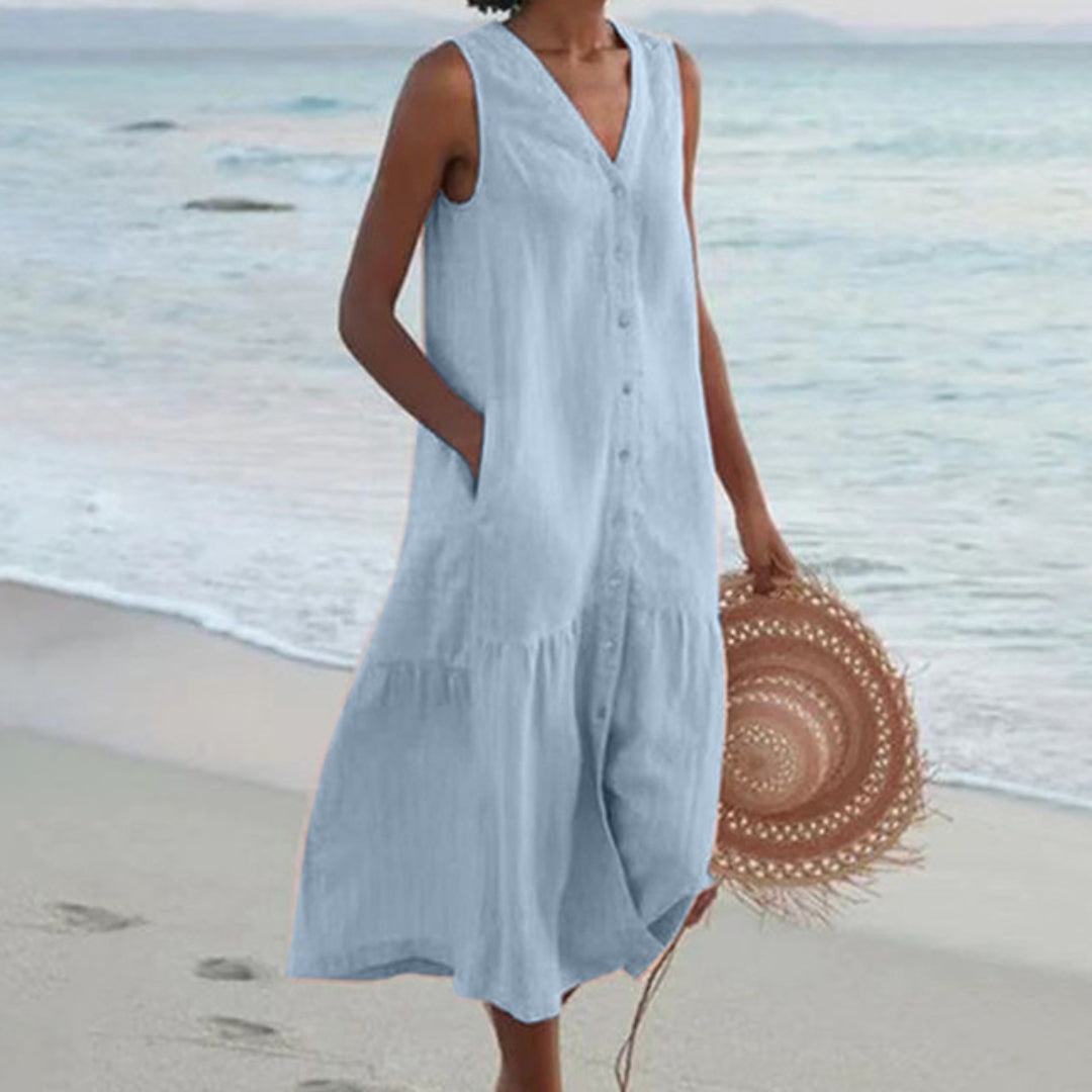 Abril | Vestido Midi Camisero Sin Mangas Mujer Botones Escote V
