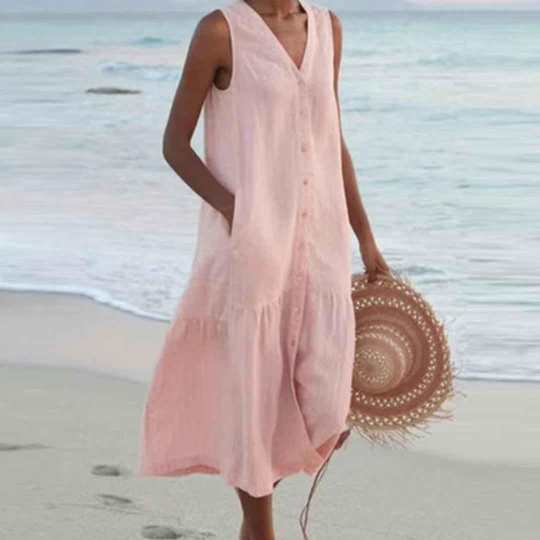 Abril | Vestido Midi Camisero Sin Mangas Mujer Botones Escote V