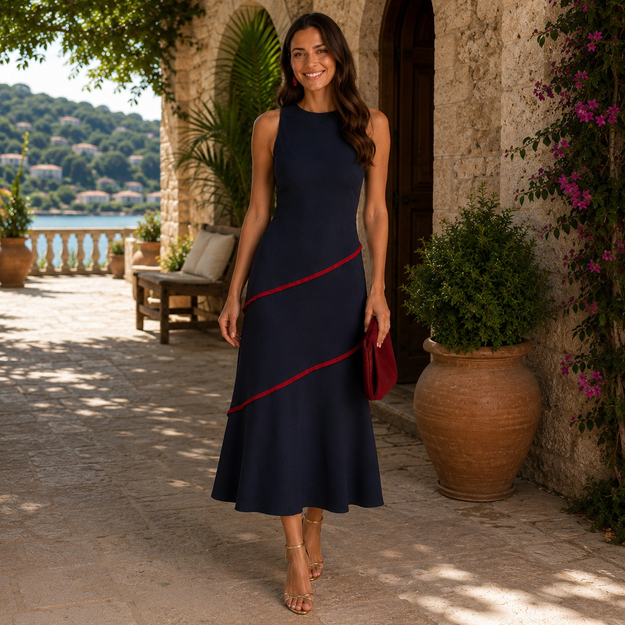 Adriana | Vestido Midi Elegante de Invitada Mujer Sin Mangas Asimétrico