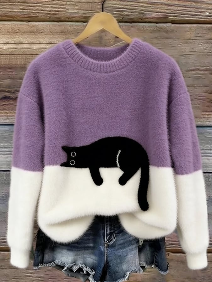 Aitana | Jersey de Punto Suave Estampado Gato Mujer Cuello Redondo
