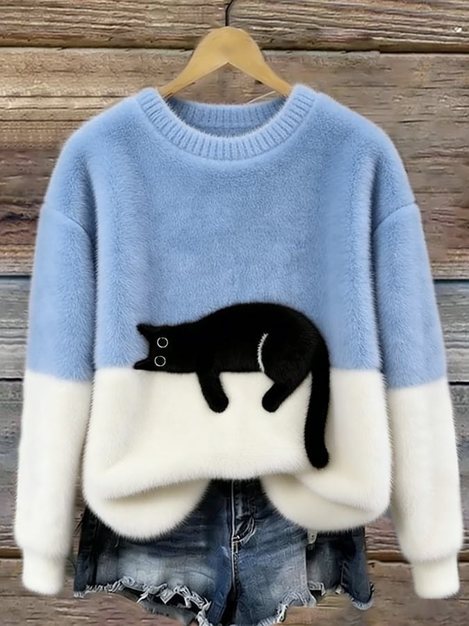 Aitana | Jersey de Punto Suave Estampado Gato Mujer Cuello Redondo