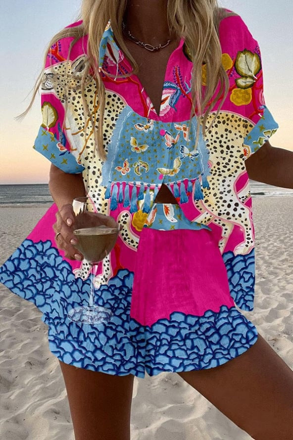Alicia | Conjunto de Lino Estampado Tropical Mujer Camisa y Pantalón Corto