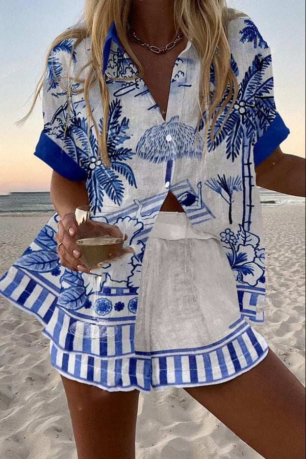 Alicia | Conjunto de Lino Estampado Tropical Mujer Camisa y Pantalón Corto