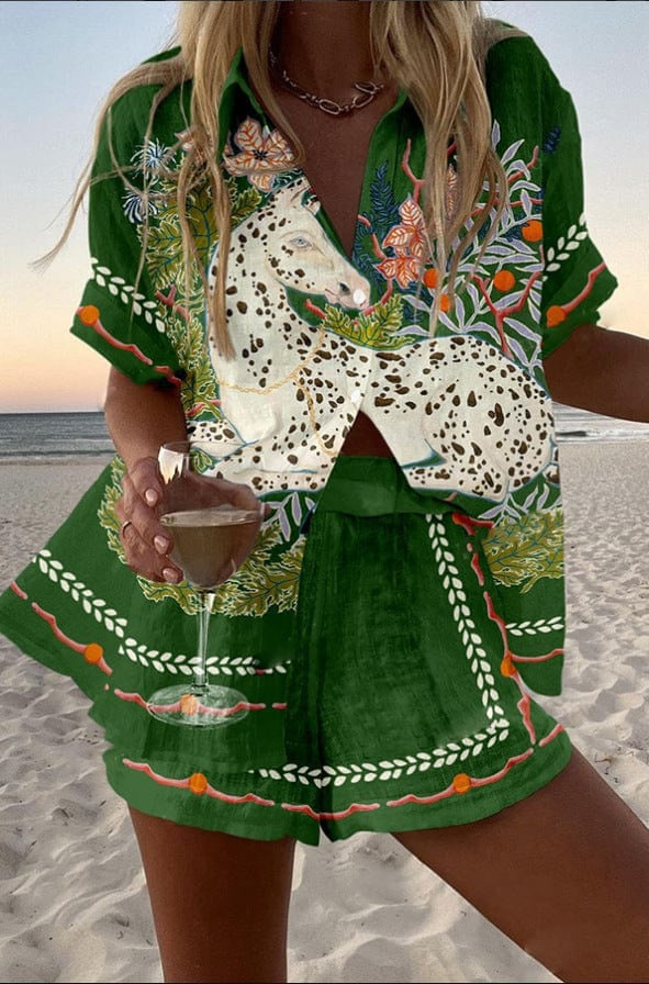 Alicia | Conjunto de Lino Estampado Tropical Mujer Camisa y Pantalón Corto