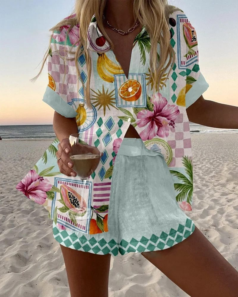 Alicia | Conjunto de Lino Estampado Tropical Mujer Camisa y Pantalón Corto
