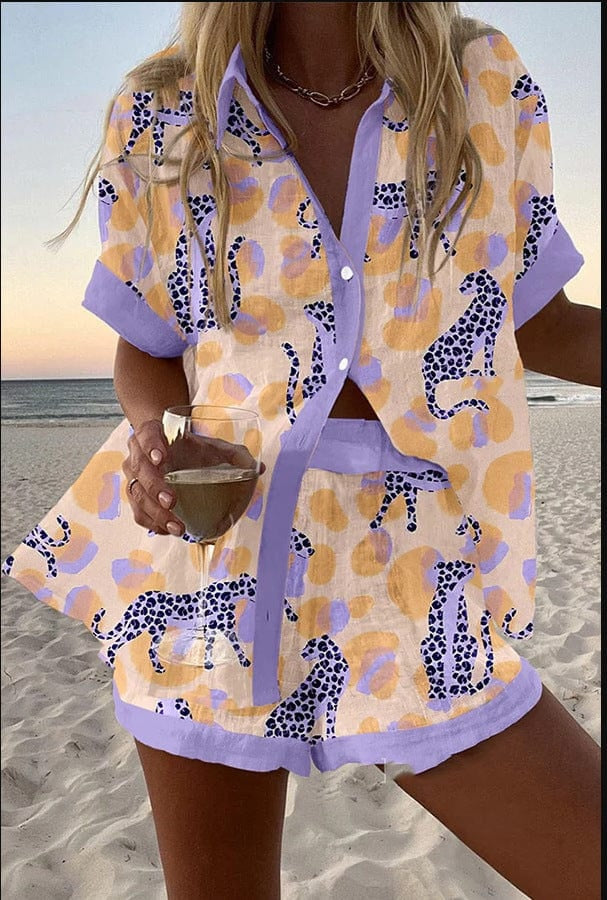 Alicia | Conjunto de Lino Estampado Tropical Mujer Camisa y Pantalón Corto