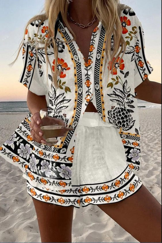 Alicia | Conjunto de Lino Estampado Tropical Mujer Camisa y Pantalón Corto