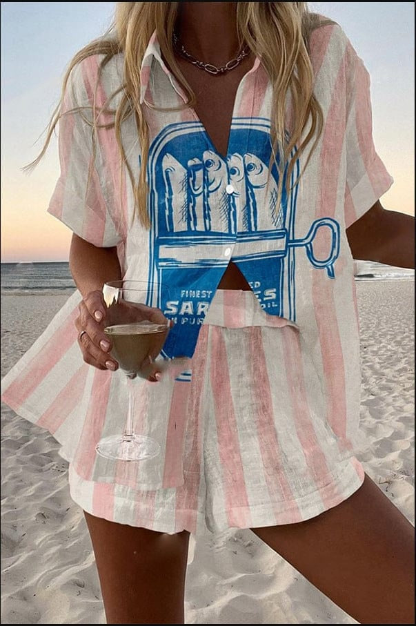 Alicia | Conjunto de Lino Estampado Tropical Mujer Camisa y Pantalón Corto