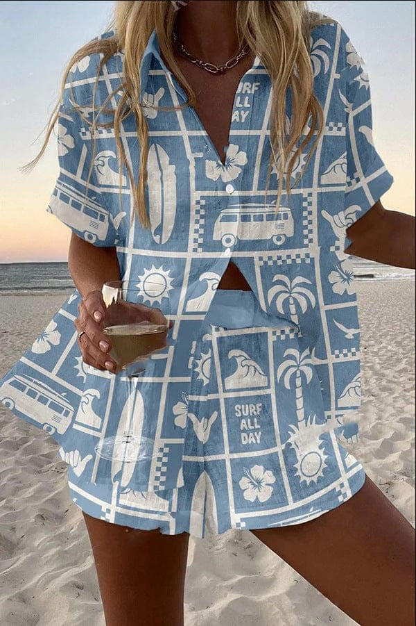 Alicia | Conjunto de Lino Estampado Tropical Mujer Camisa y Pantalón Corto