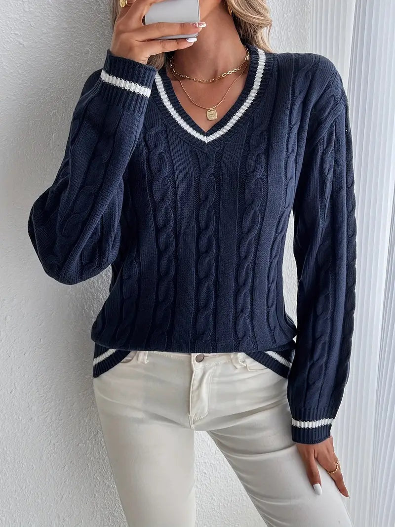 Alma | Jersey de Punto Cableado Mujer Escote V Rayas